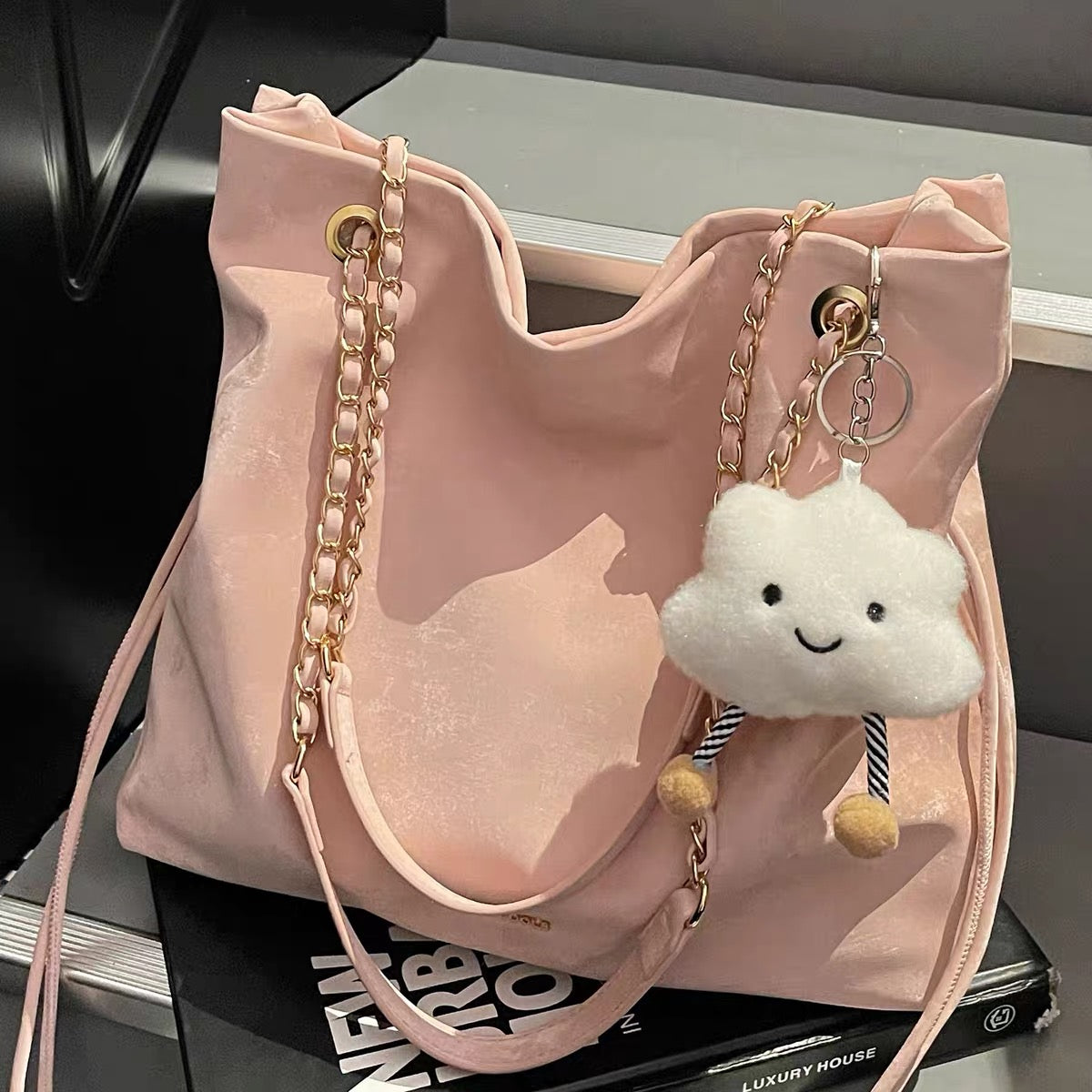 Trendy Soft Suede Chain Shoulder Bag with Cute Plush Cloud Keychain | Large Capacity Tote for Women