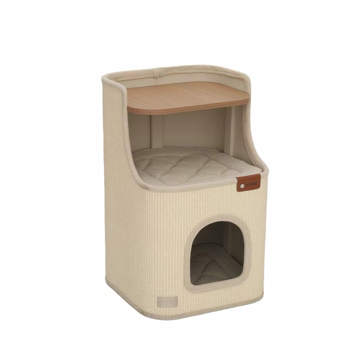 Multi-Functional 2-Tier Cat Condo & Scratching House – Wooden Top Nightstand Cat Bed with Removable Cushions