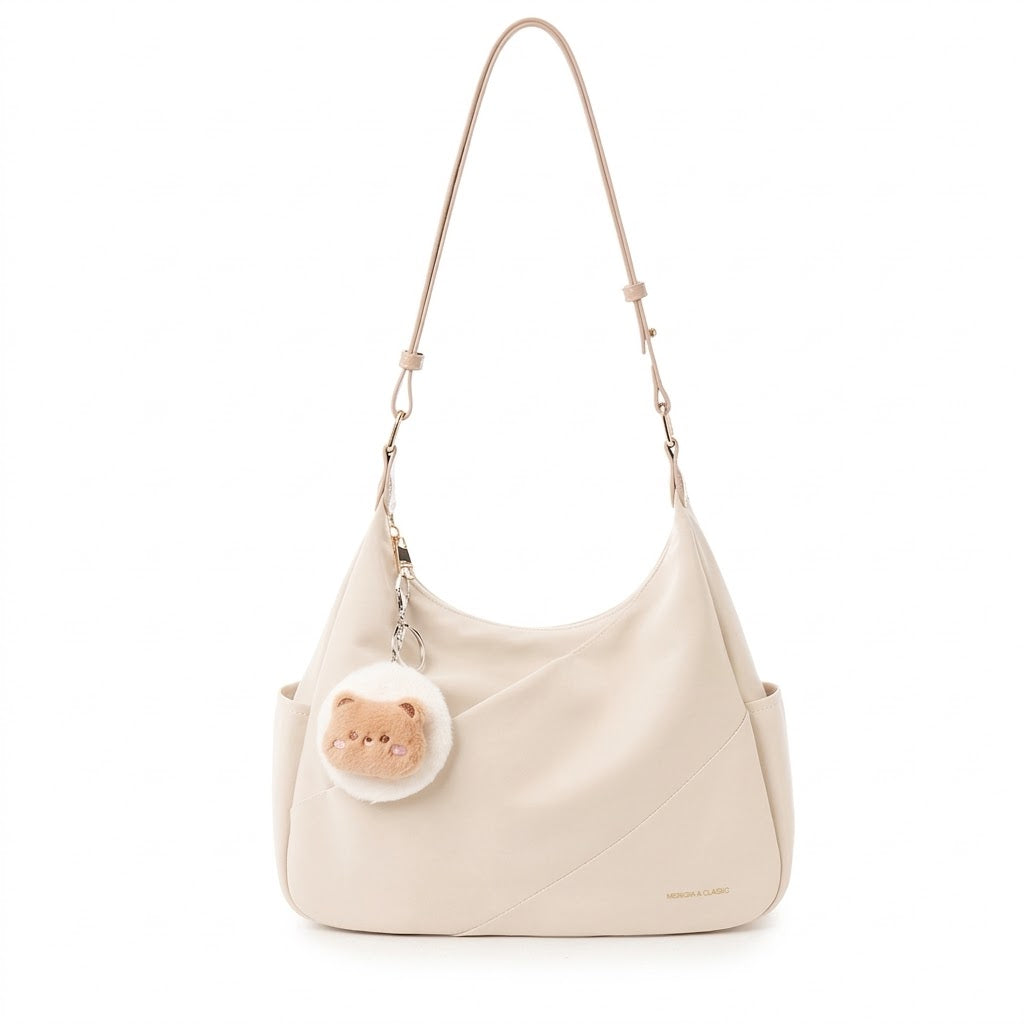 Elegant Slouchy Shoulder Bag with Bear Charm – Premium Vegan Leather Hobo Purse