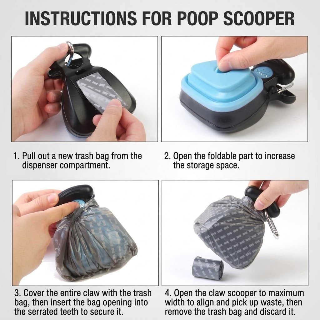 Portable Pet Poop Scooper with Built-in Bag Dispenser | Expandable Dog Waste Pickup Claw