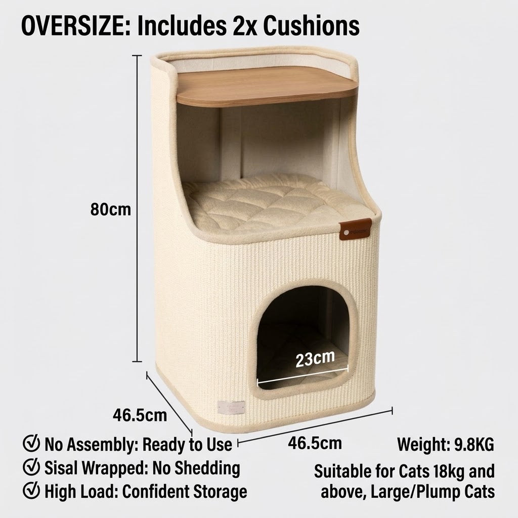 Multi-Functional 2-Tier Cat Condo & Scratching House – Wooden Top Nightstand Cat Bed with Removable Cushions