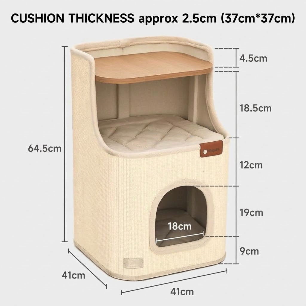 Multi-Functional 2-Tier Cat Condo & Scratching House – Wooden Top Nightstand Cat Bed with Removable Cushions