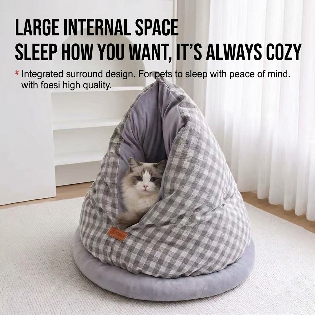 360° Warm Plaid Covered Cat Cave Bed - Cozy & Soft Covered Pet Nest