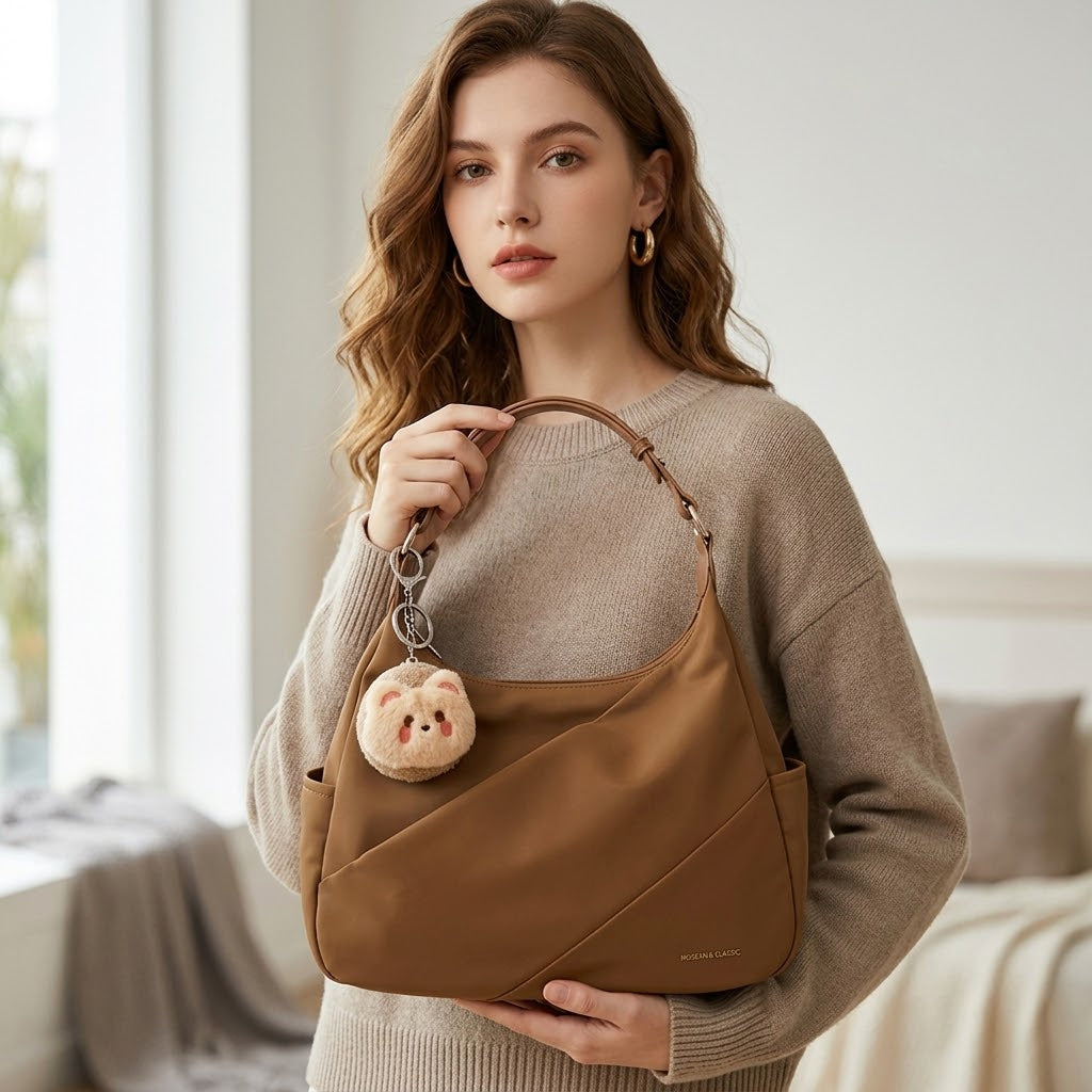 Elegant Slouchy Shoulder Bag with Bear Charm – Premium Vegan Leather Hobo Purse