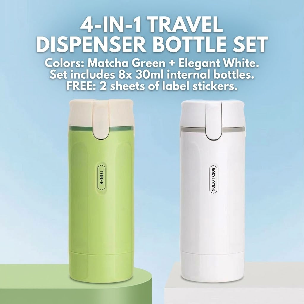 4-in-1 Leakproof Travel Dispenser Bottle Set – Portable Lotion & Liquid Pump Container with Labels