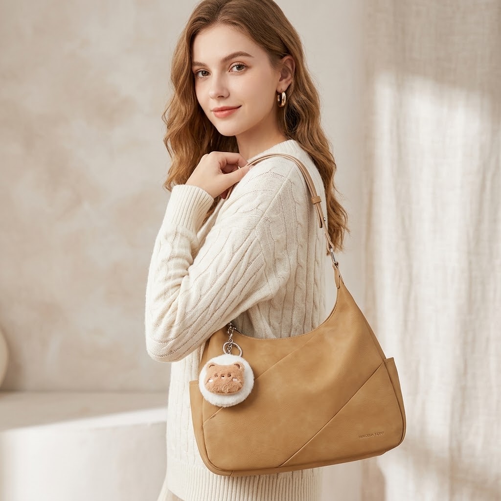 Elegant Slouchy Shoulder Bag with Bear Charm – Premium Vegan Leather Hobo Purse