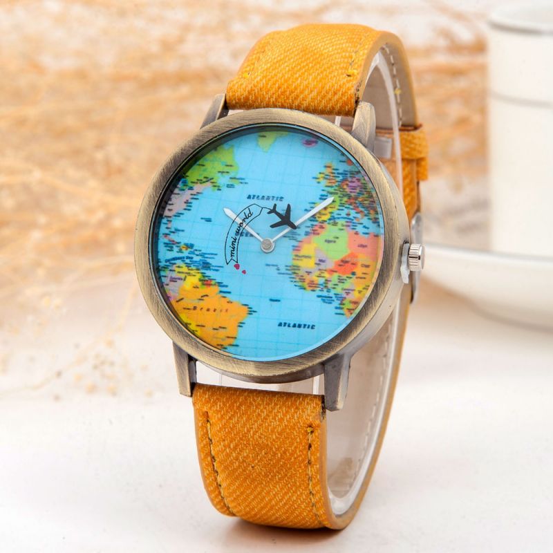 Fashion Map Denim Strap Watch – Vintage World Map Quartz Wristwatch