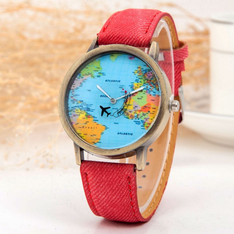 Fashion Map Denim Strap Watch – Vintage World Map Quartz Wristwatch