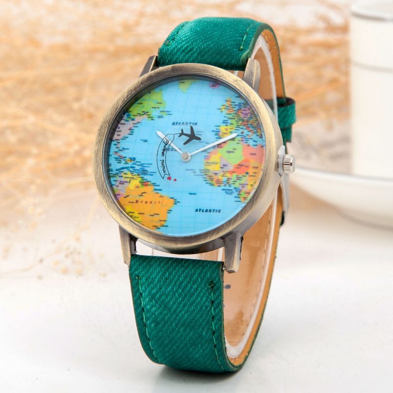 Fashion Map Denim Strap Watch – Vintage World Map Quartz Wristwatch