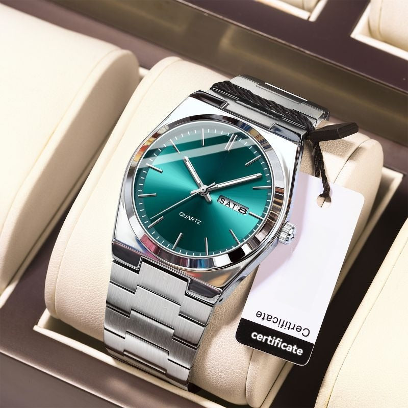 Luminous Quartz Watch with Logo – Luxury Stainless Steel Analog Wristwatch