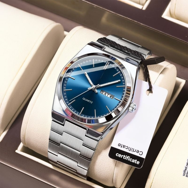 Luminous Quartz Watch with Logo – Luxury Stainless Steel Analog Wristwatch