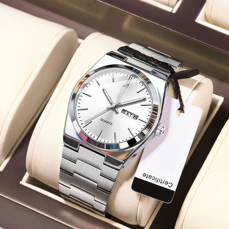 Luminous Quartz Watch with Logo – Luxury Stainless Steel Analog Wristwatch