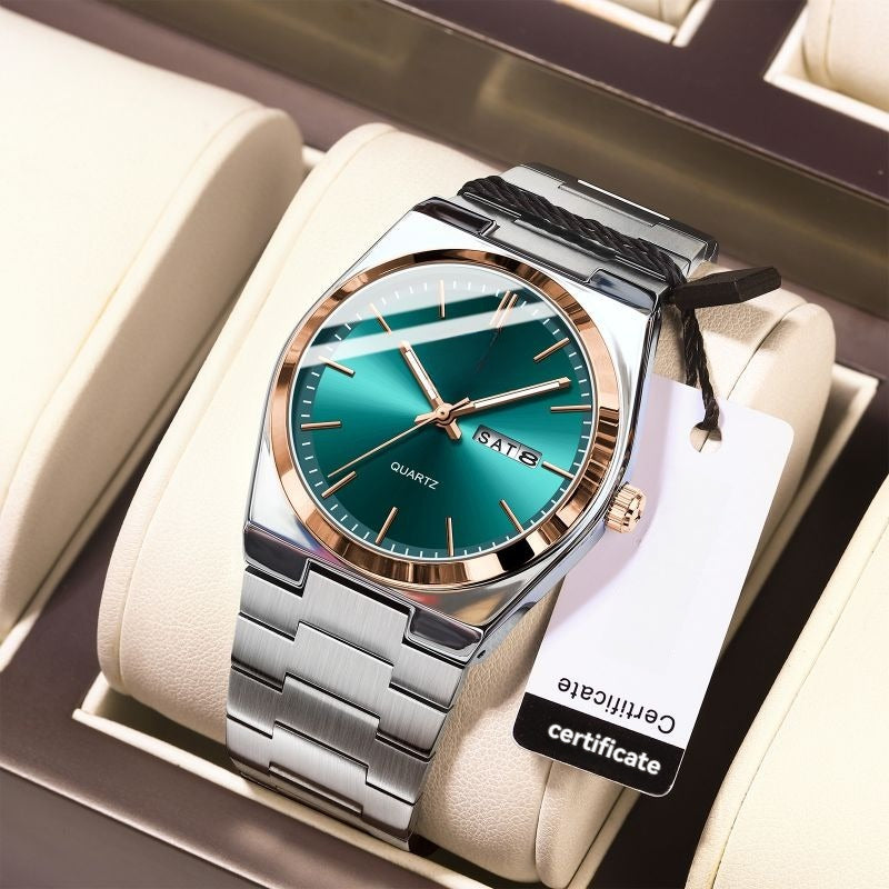 Luminous Quartz Watch with Logo – Luxury Stainless Steel Analog Wristwatch