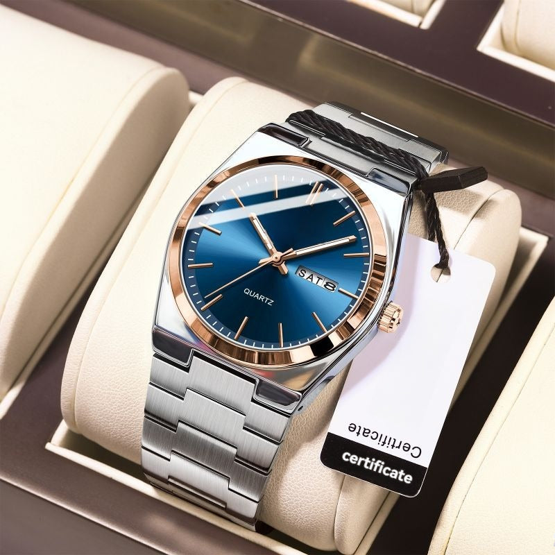 Luminous Quartz Watch with Logo – Luxury Stainless Steel Analog Wristwatch
