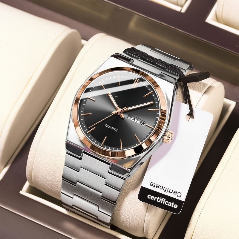 Luminous Quartz Watch with Logo – Luxury Stainless Steel Analog Wristwatch