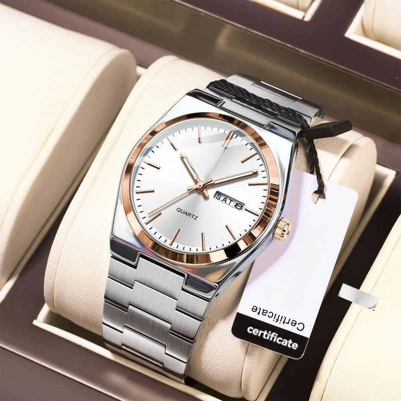 Luminous Quartz Watch with Logo – Luxury Stainless Steel Analog Wristwatch
