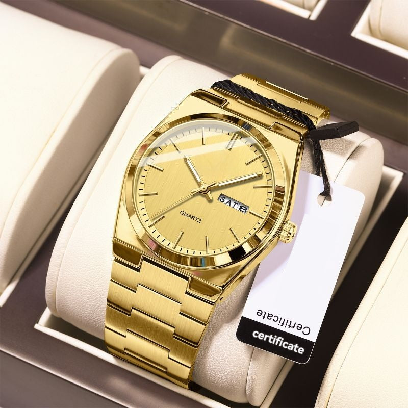 Luminous Quartz Watch with Logo – Luxury Stainless Steel Analog Wristwatch