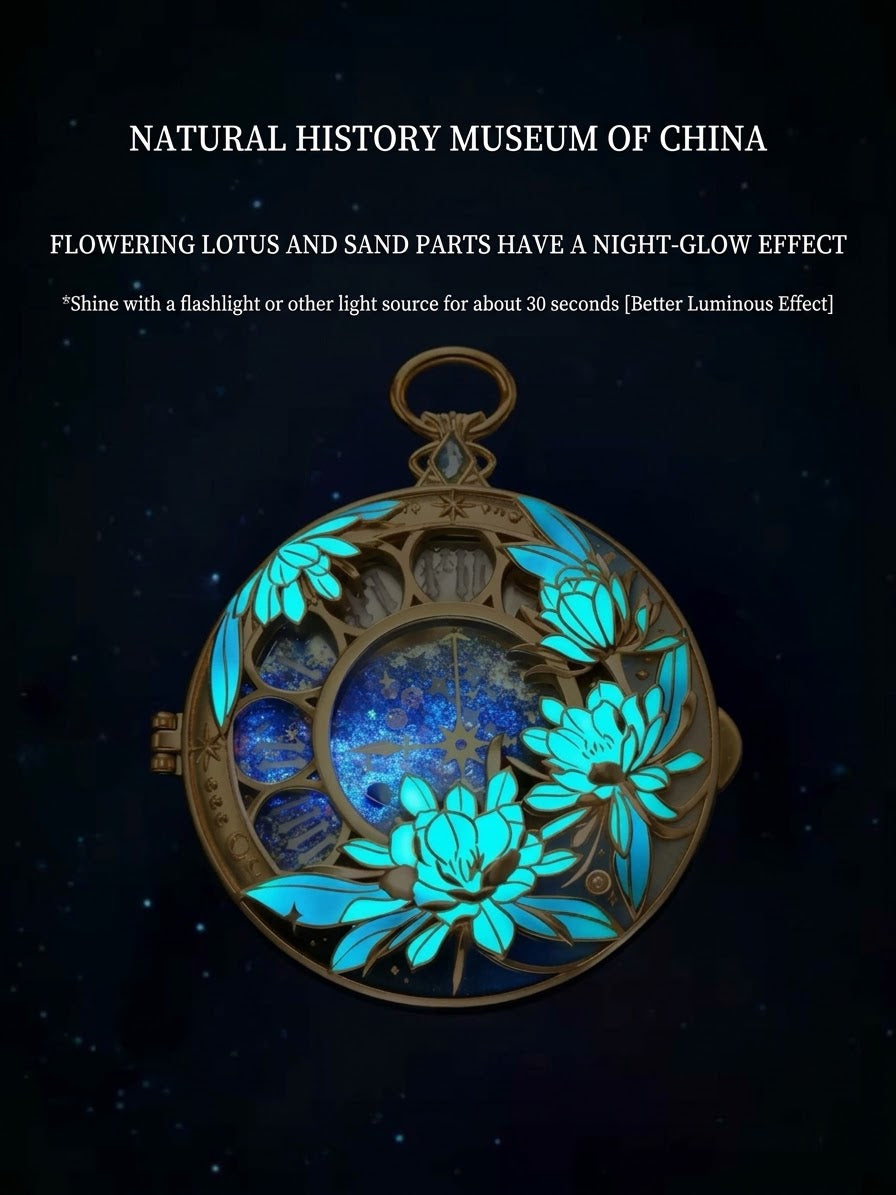Luminous Lotus Sand Art Pocket Watch Compact Mirror – Vintage Style Glow-in-the-Dark Pocket Mirror Case