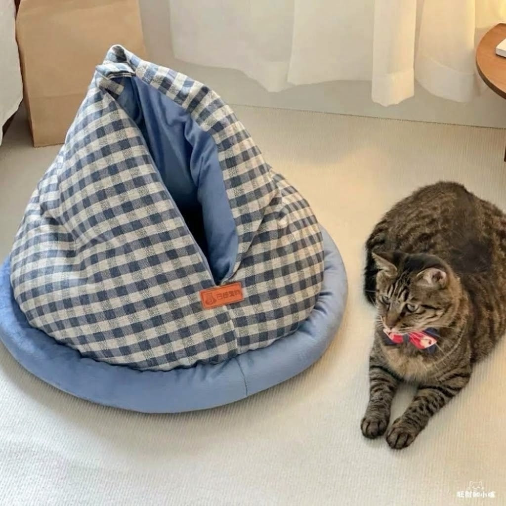360° Warm Plaid Covered Cat Cave Bed - Cozy & Soft Covered Pet Nest