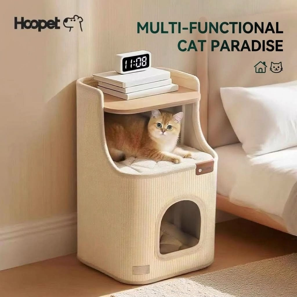 Multi-Functional 2-Tier Cat Condo & Scratching House – Wooden Top Nightstand Cat Bed with Removable Cushions