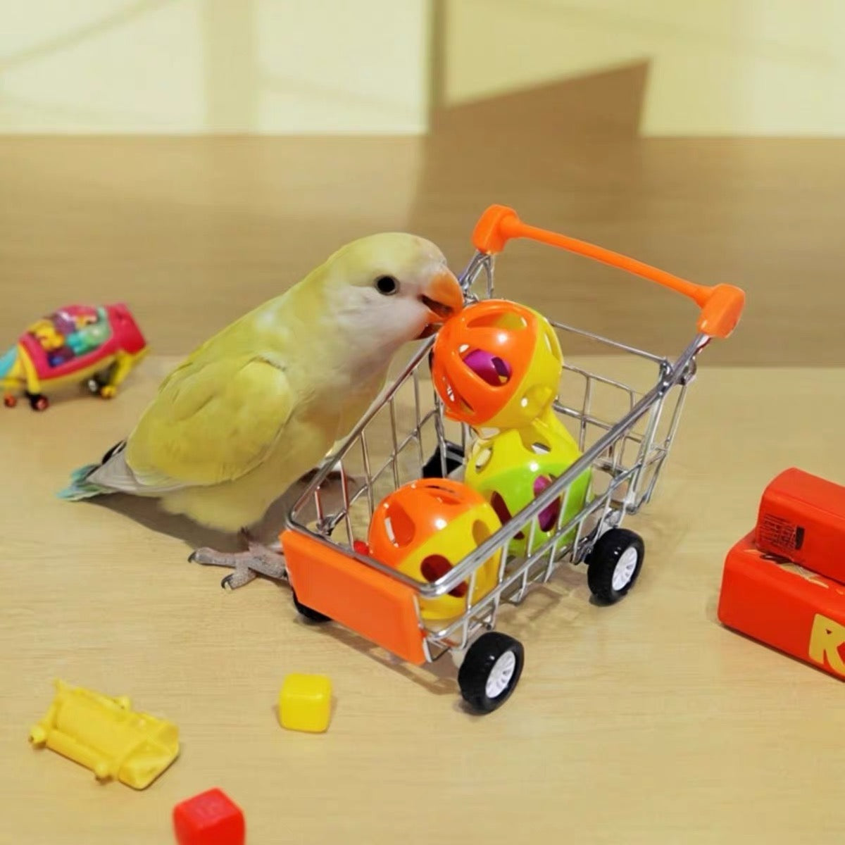 Parrot Intelligence Training Toy Set – Mini Supermarket Shopping Cart with Trick Ball