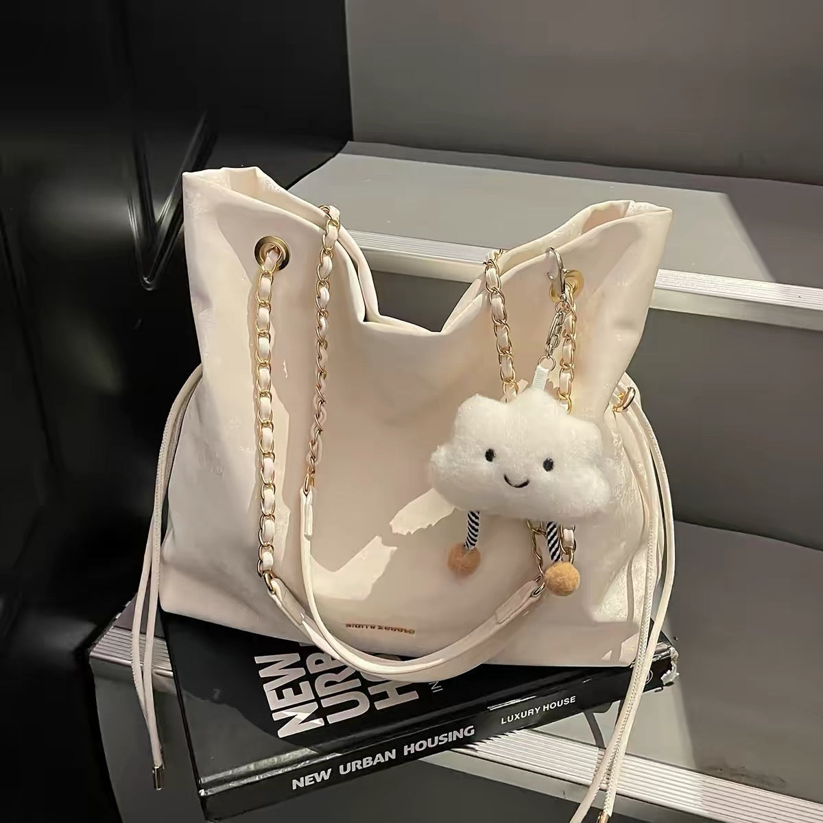 Trendy Soft Suede Chain Shoulder Bag with Cute Plush Cloud Keychain | Large Capacity Tote for Women