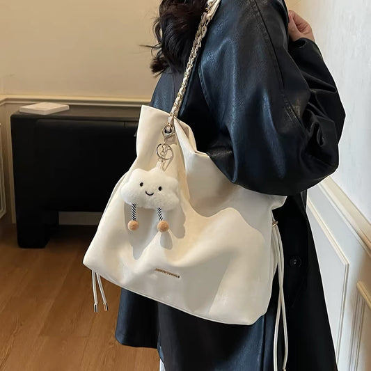 Trendy Soft Suede Chain Shoulder Bag with Cute Plush Cloud Keychain | Large Capacity Tote for Women