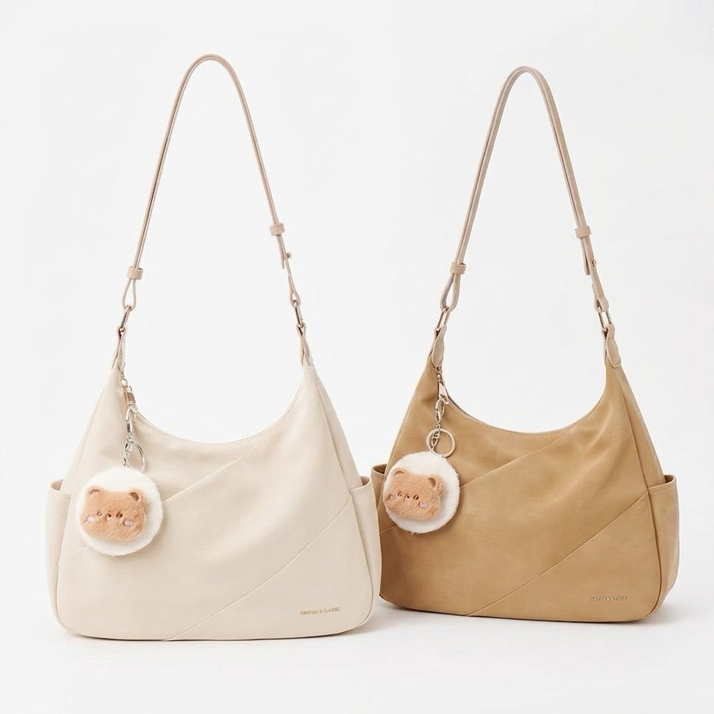 Elegant Slouchy Shoulder Bag with Bear Charm – Premium Vegan Leather Hobo Purse
