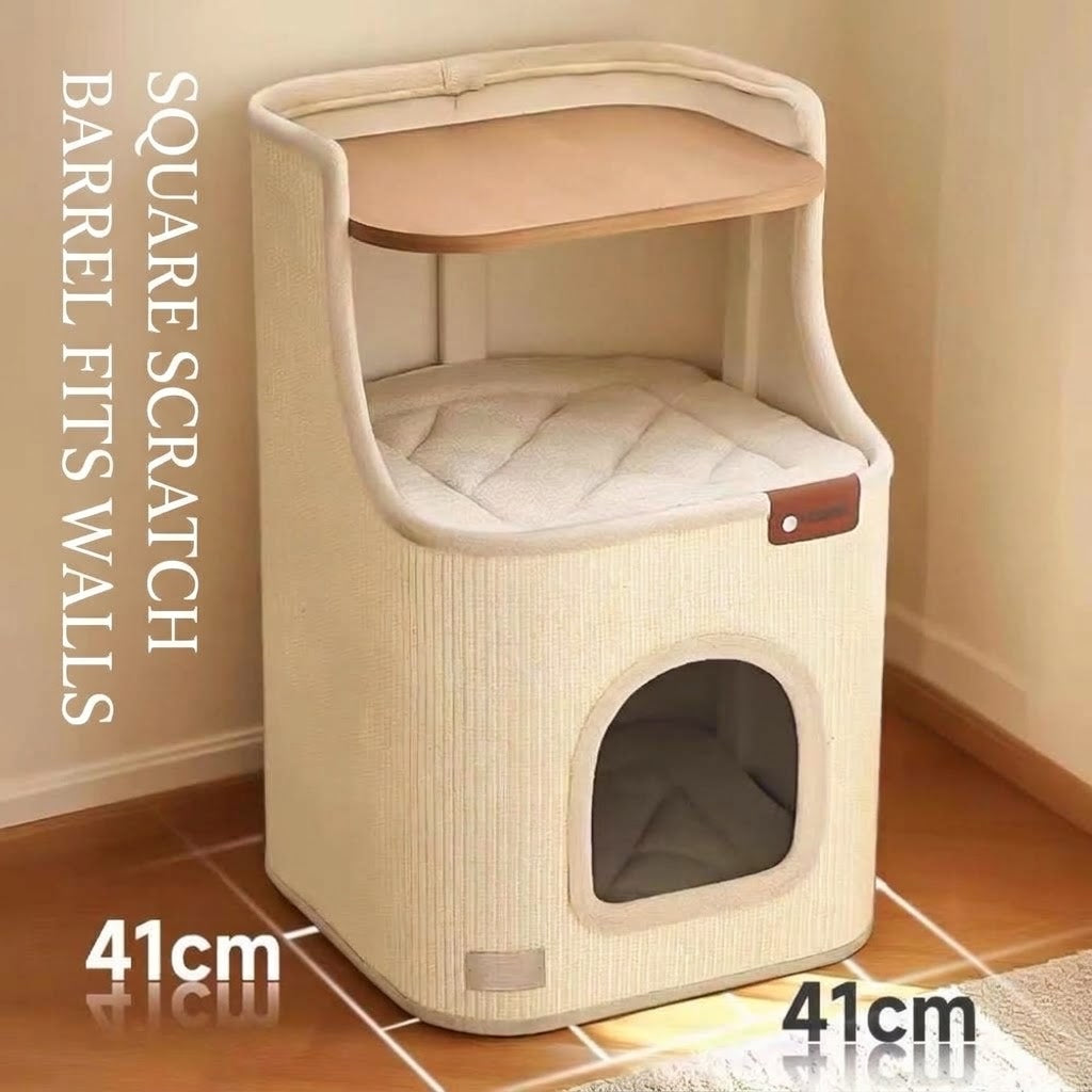 Multi-Functional 2-Tier Cat Condo & Scratching House – Wooden Top Nightstand Cat Bed with Removable Cushions