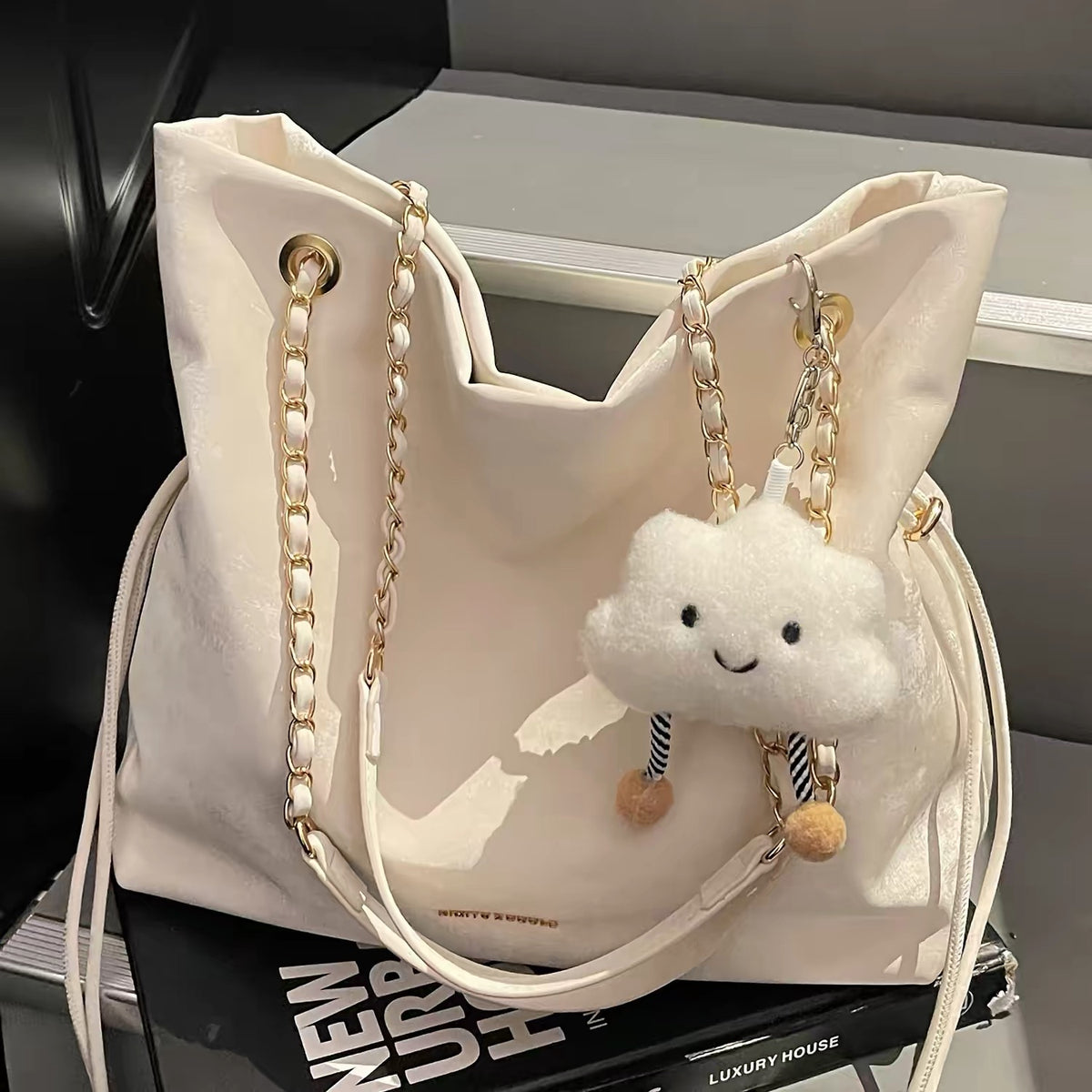 Trendy Soft Suede Chain Shoulder Bag with Cute Plush Cloud Keychain | Large Capacity Tote for Women