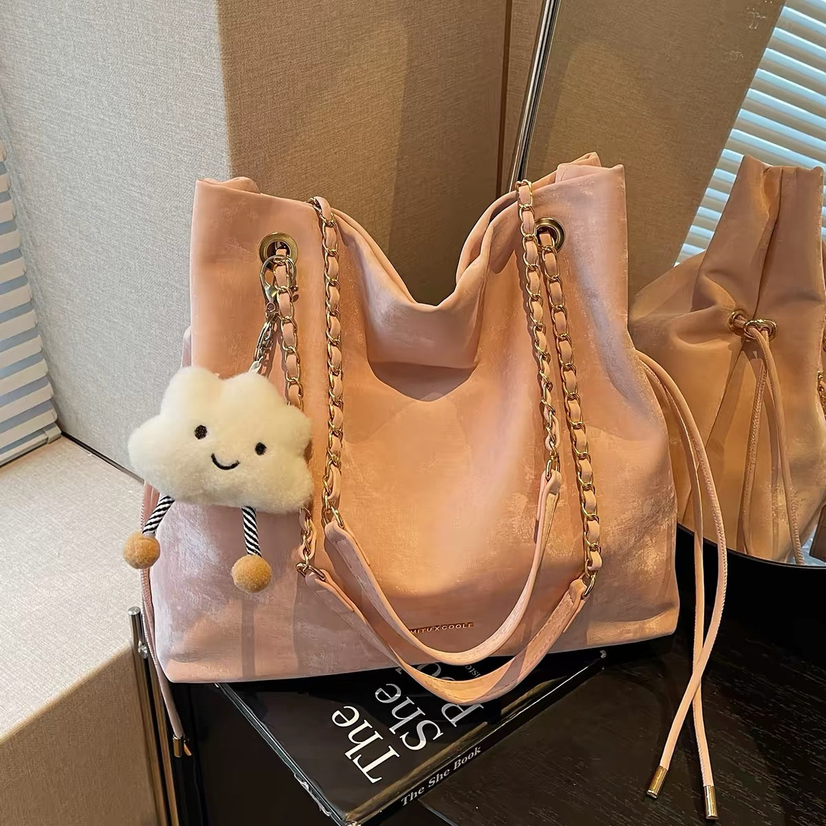 Trendy Soft Suede Chain Shoulder Bag with Cute Plush Cloud Keychain | Large Capacity Tote for Women
