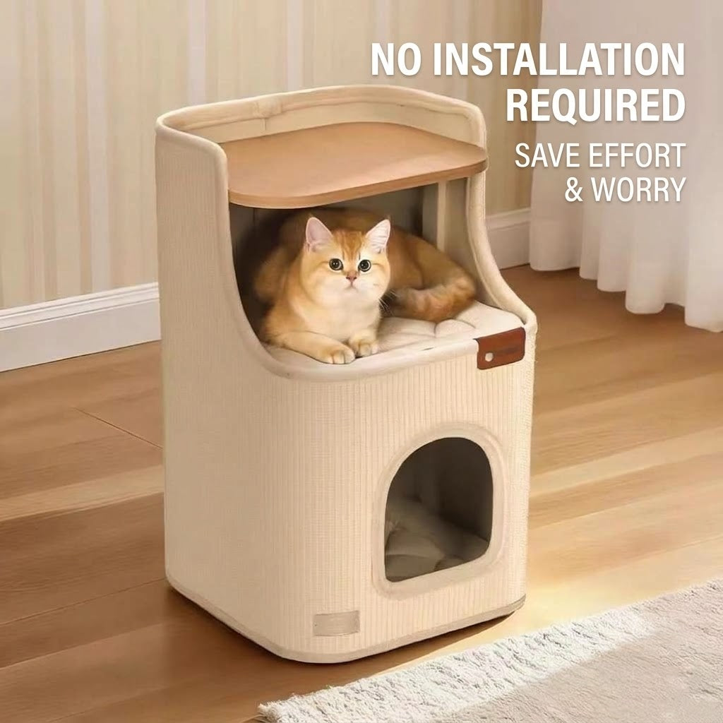 Multi-Functional 2-Tier Cat Condo & Scratching House – Wooden Top Nightstand Cat Bed with Removable Cushions