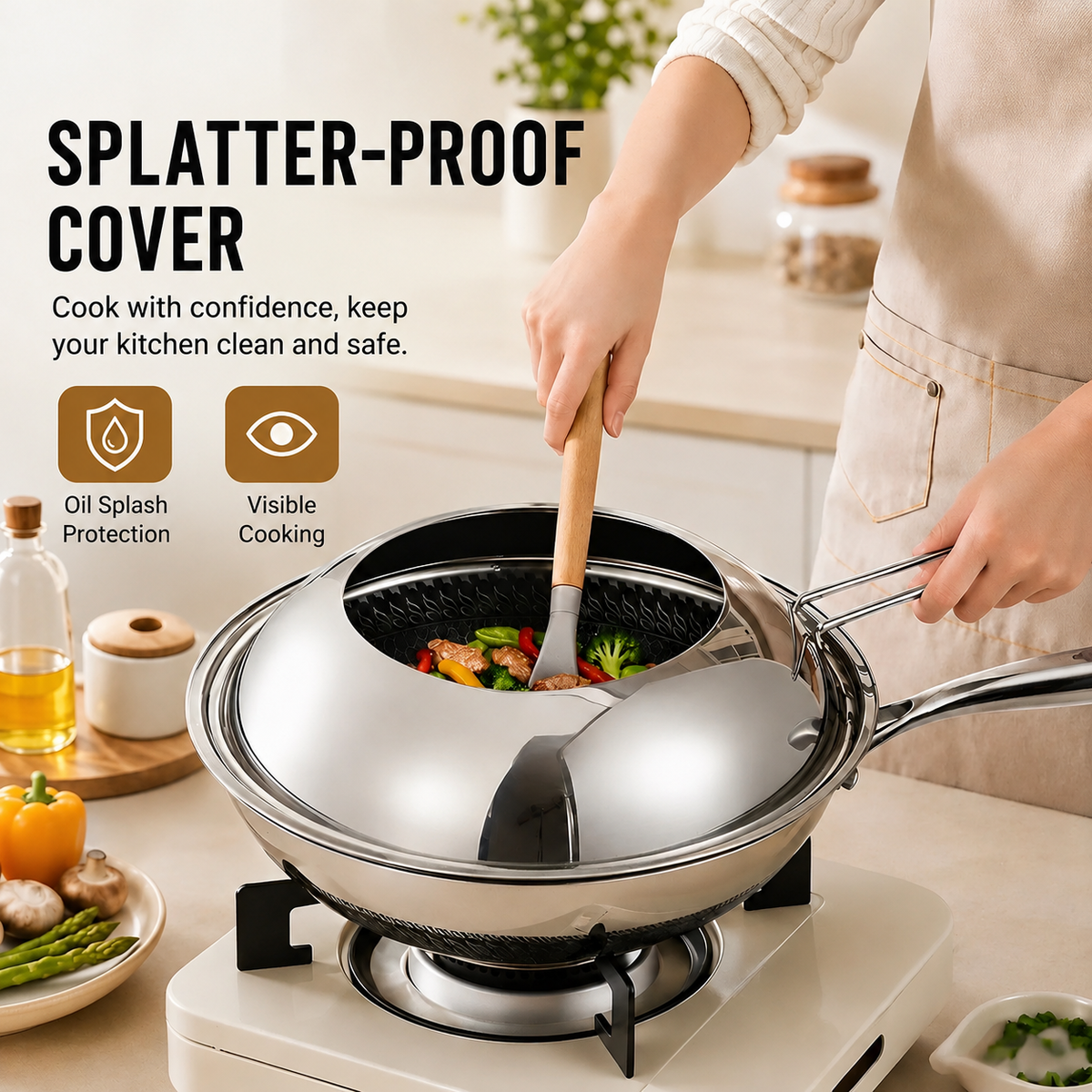 Stainless Steel Anti-Splatter Cooking Lid – Universal Wok & Pan Cover
