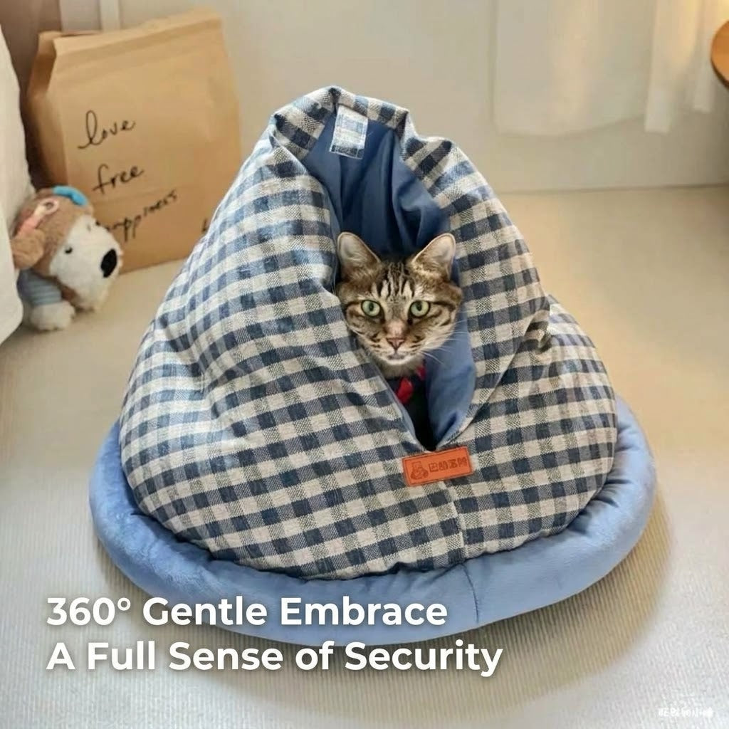 360° Warm Plaid Covered Cat Cave Bed - Cozy & Soft Covered Pet Nest