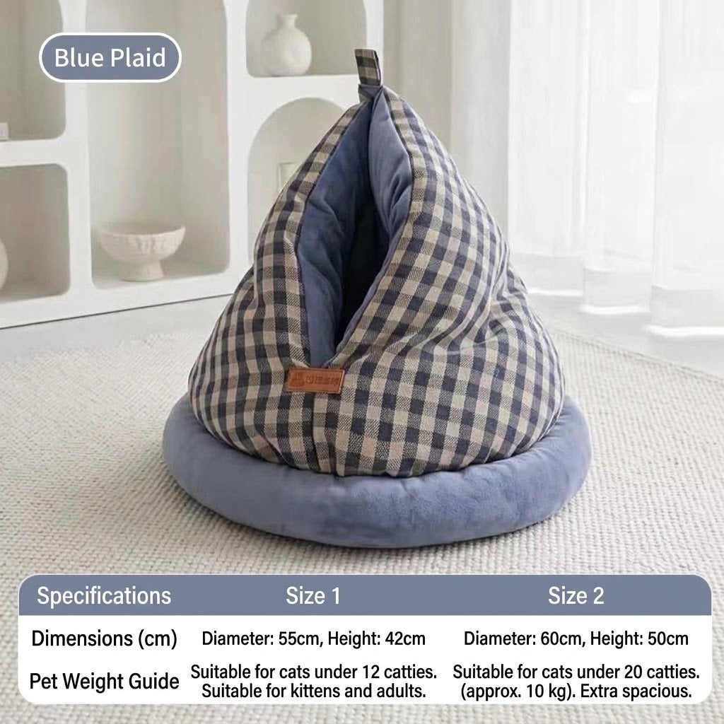 360° Warm Plaid Covered Cat Cave Bed - Cozy & Soft Covered Pet Nest