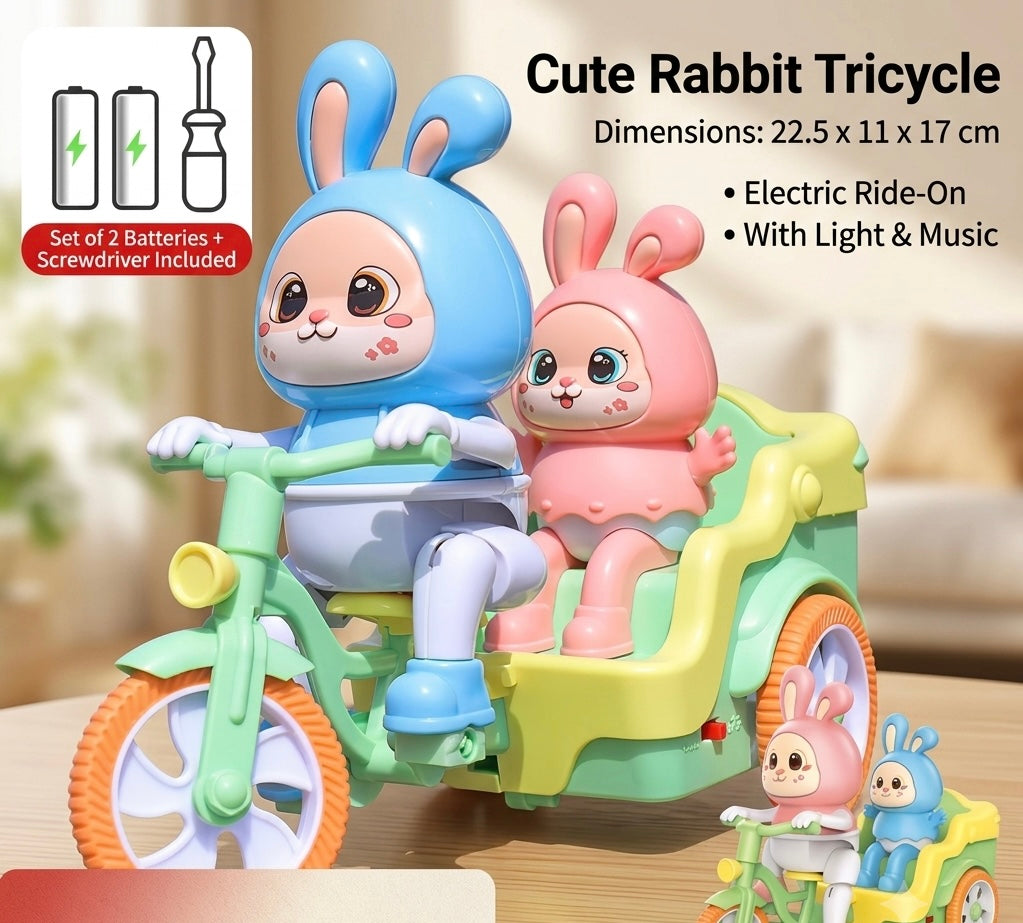 Electric Bunny Tricycle Toy with LED Lights & Music – Battery Operated Bump & Go Cartoon Ride-On Toy for Kids