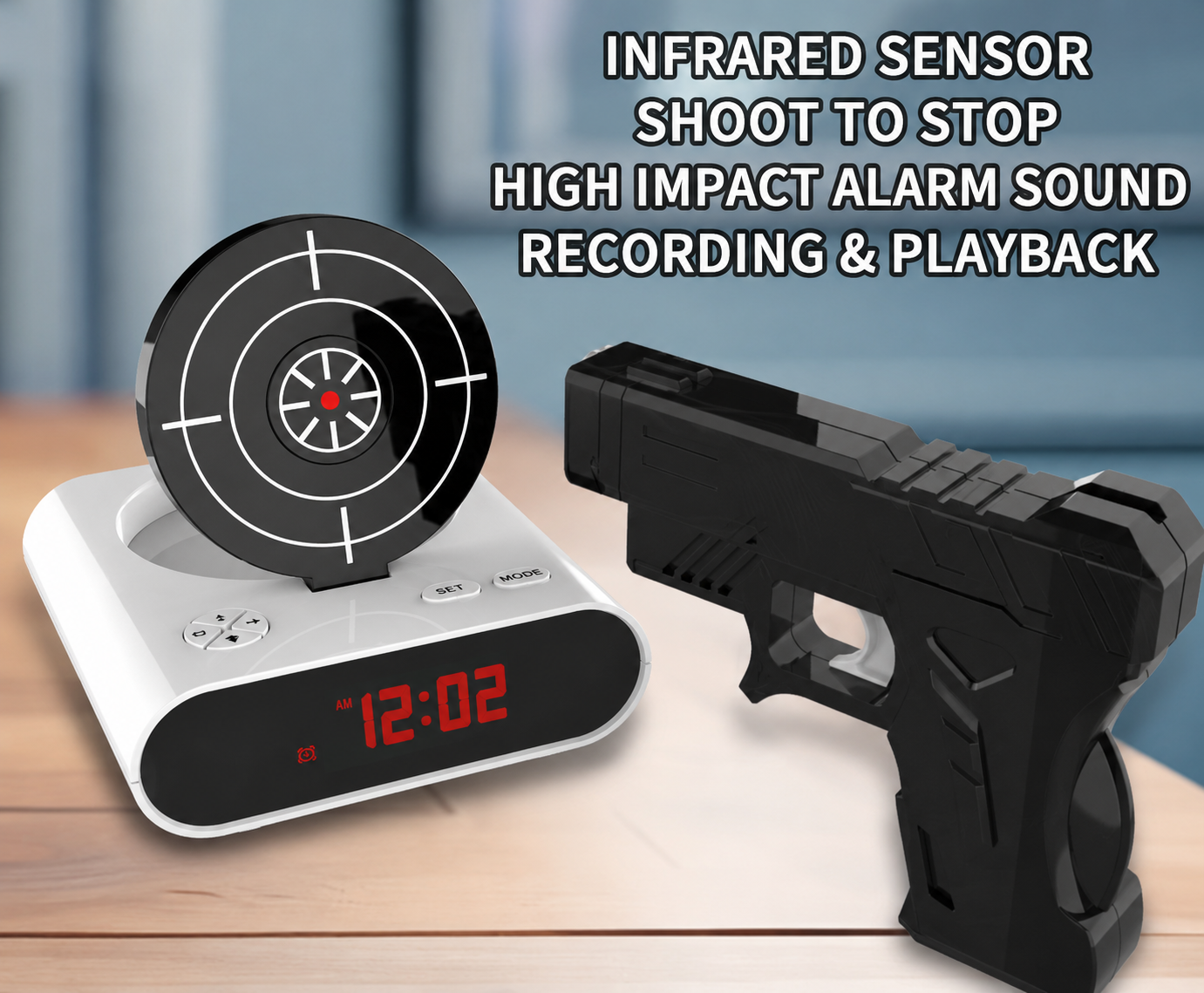 Shoot-to-Stop Alarm Clock with Toy Blaster | Interactive Target Shooting Alarm