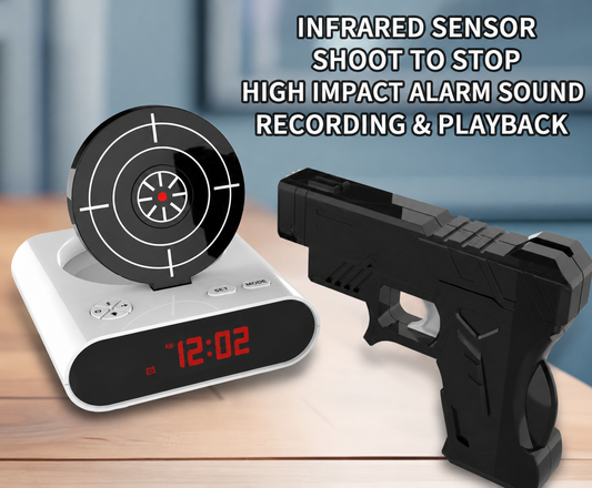 Shoot-to-Stop Alarm Clock with Toy Blaster | Interactive Target Shooting Alarm