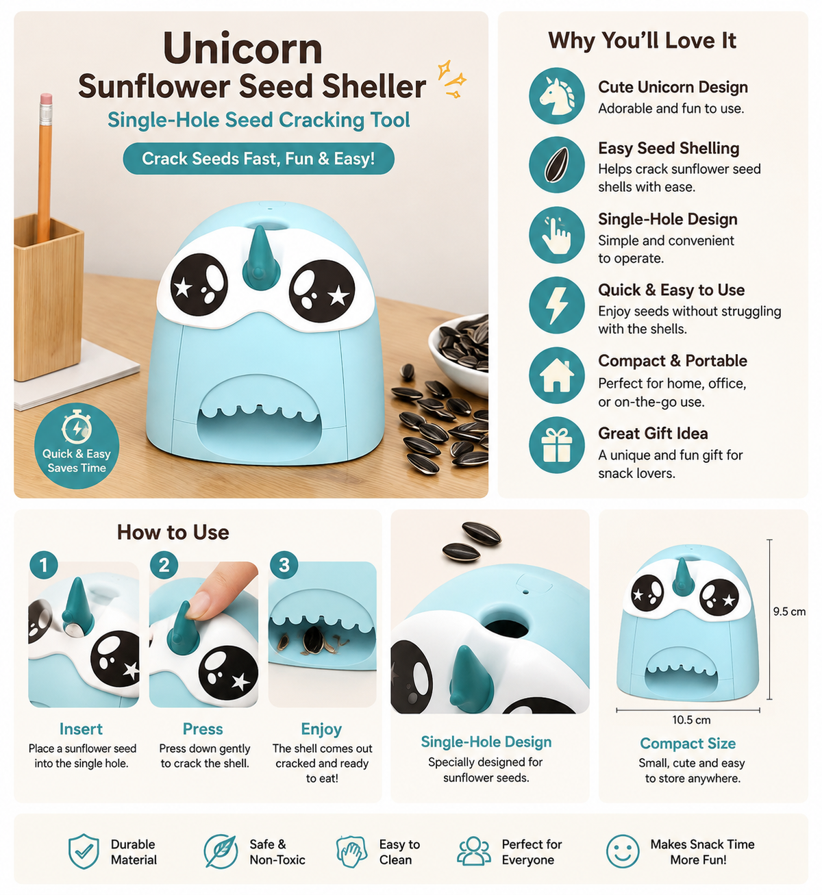Unicorn Sunflower Seed Sheller – Single-Hole Seed Cracking Tool