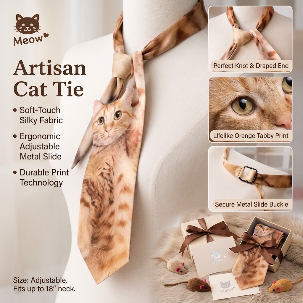 Cute Orange Tabby Cat Printed Tie – Adjustable Silky Necktie for Cat Lovers