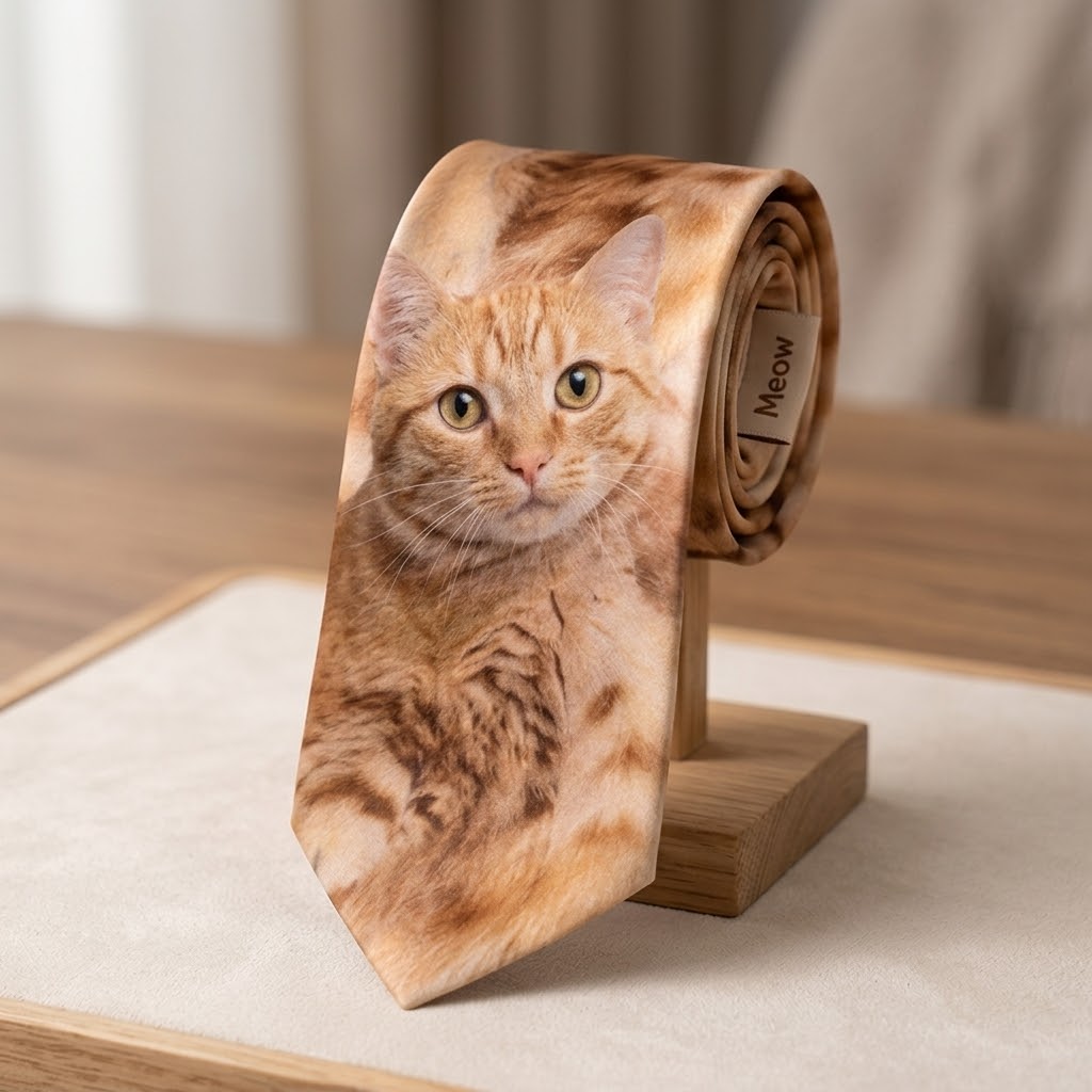 Cute Orange Tabby Cat Printed Tie – Adjustable Silky Necktie for Cat Lovers